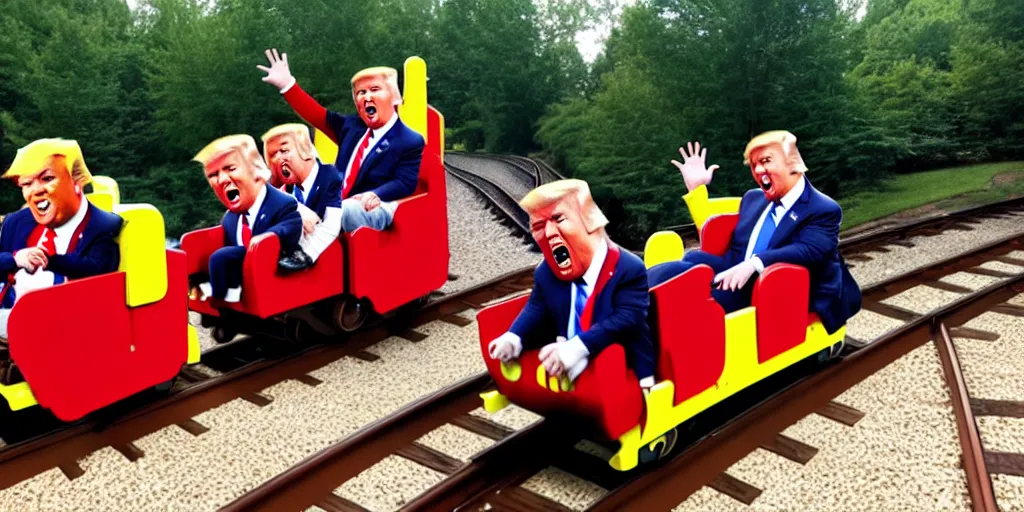 Image similar to Photo of Donald J. Trump falling off of a kiddy train, screaming, taken in Silver Dollar City