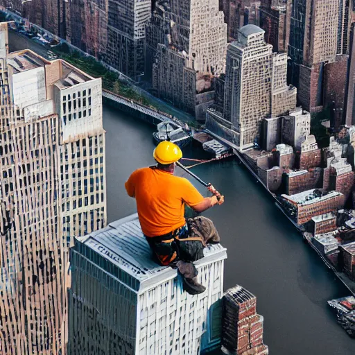 Image similar to a construction worker with a fishing rod sitting on a metal beam high over new york city, photography