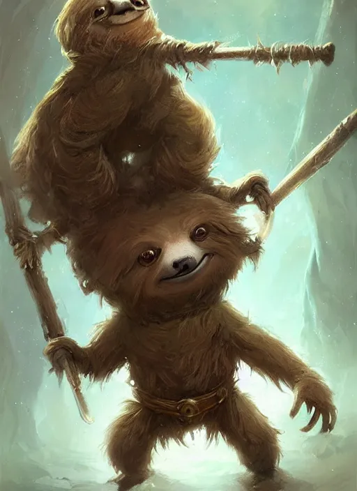 Image similar to cute little anthropomorphic sloth, wielding a magic staff, tiny, small, short, wizard robe, cute and adorable, pretty, beautiful, dnd character art portrait, matte fantasy painting, deviantart artstation, by jason felix by steve argyle by tyler jacobson by peter mohrbacher, cinema