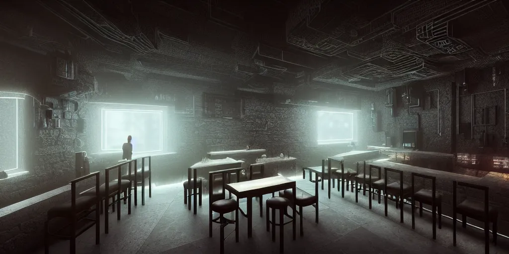 Image similar to Highly detailed realistic photo interior design in style of minimalism by JAMIE BUSH and Josan Gonzalez of detailed cyberpunk tavern with stone walls and neon lights, a lot of electronics and people, many details by Hiromasa Ogura. Natural white sunlight from the transperient roof. Rendered in VRAY