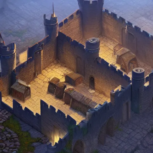 Prompt: small medieval town inside of large castle fortress, isometric, ambient occlusion, global illumination, vray, by tyler edlin and rhads, cgsociety, artstation