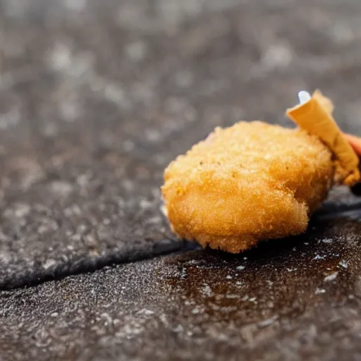 Image similar to Photo of a chicken nugget smoking a cigarette in the rain