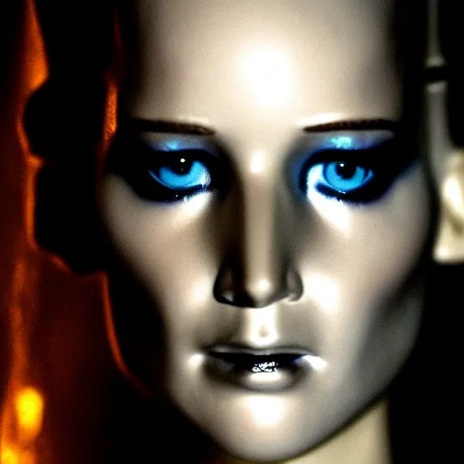 Prompt: close up detail of the face of replicant jennifer lawrence as the bride of frankenstein, macro photography, glowing eyes