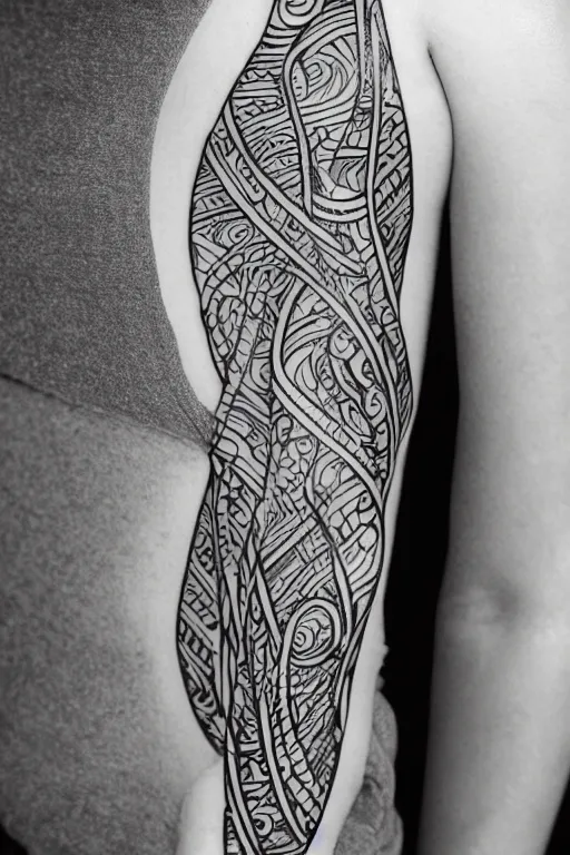 Image similar to a thin intricate lineart swirling tribal tattoo design, black and white