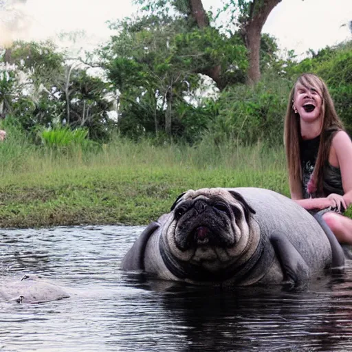 Prompt: a Manatee-Pug Hybrid, A Manatee that looks like a pug, huge tusks, afternoon hangout, good times photograph, candid