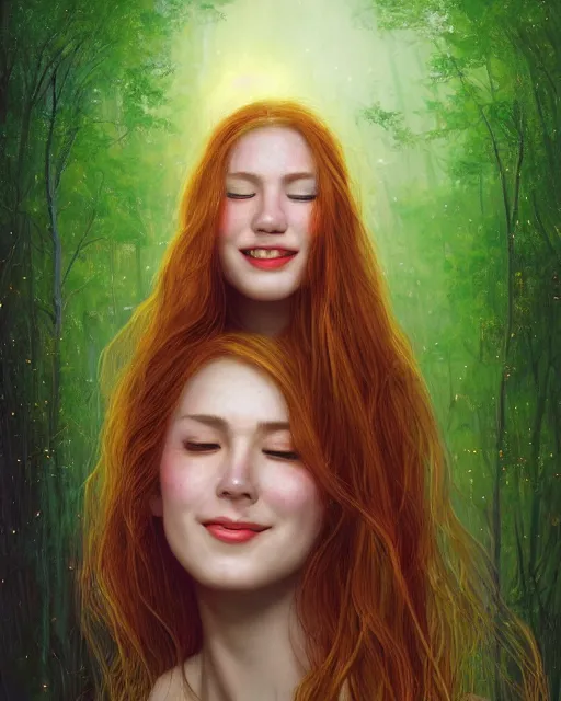 Prompt: a young woman, smiling, amazed by the lights of golden fireflies, sitting in the midst of nature fully covered, long loose red hair, intricate linework, dreamy green eyes, small nose with freckles, oval shape face, realistic, expressive emotions, dramatic lights, spiritual scene, hyper realistic ultrafine digital art by james jean and albert bierstadt and artgerm