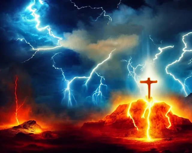 Image similar to jesus battling satan, apocalyptic, epic, blue and orange, fantastical, high contrast, fire, lightning, thunderclouds, armies, wide angle