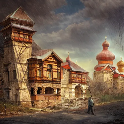 Prompt: photo ancient Slavic Russian city of Kitezh, concept art, magical city, fantasy cityscape, ancient Slavs, wooden buildings, ancient Russian architecture, terem, top cinematic lighting , cinematic mood, very detailed, shot in canon, 8k, high resolution