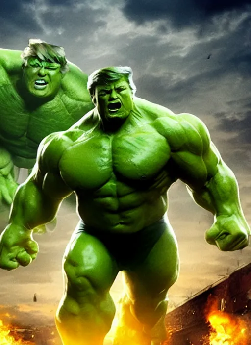 Image similar to donald trump as the hulk, green, superhero movie poster still, 4 k