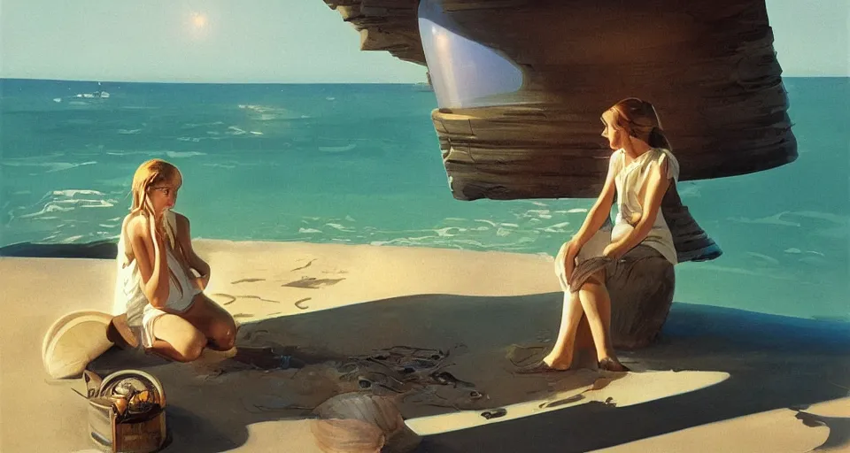 Prompt: a hermit girl outside her seashell home, atmospheric cinematography by syd mead