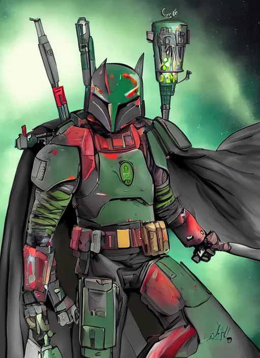 Image similar to batman x boba fett, digital art, character mashup, epic lighting, combination art