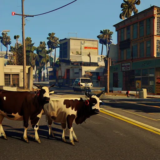 Image similar to a game screenshot of grand theft auto v, with cows in the street, standing up and holding guns.