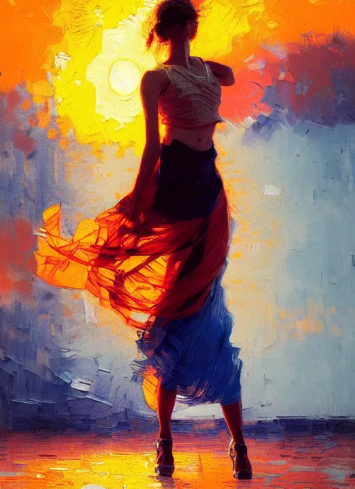 Prompt: portrait of beautiful girl, dancing, ecstatic, ibiza, sunset, shades of orange and blue, beautiful face, rule of thirds, intricate outfit, spotlight, by greg rutkowski, by jeremy mann, by francoise nielly, by van gogh, digital painting