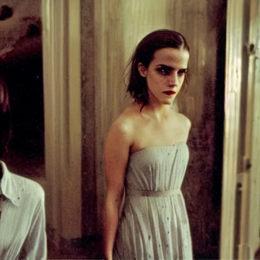 Prompt: color polaroid of Emma Watson horror film The Shining wandering in the Overlook Hotel by Andrei Tarkovsky. Emma is in the foreground, in the background over her shoulder is a mysterious figure