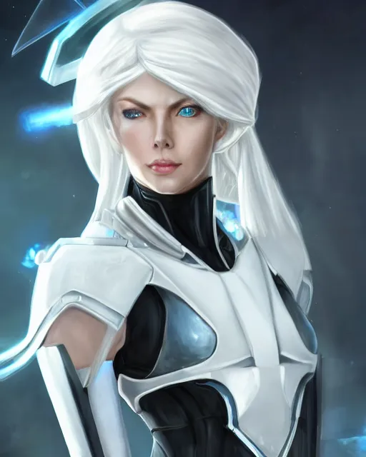 Image similar to perfect white haired attractive egyptian goddess, warframe armor, beautiful, symmetric, dreamy, half asian, pretty face, blue eyes, charlize theron, detailed, scifi platform, laboratory, experiment, 4 k, ultra realistic, epic lighting, android body, illuminated, cinematic, masterpiece, art by akihito tsukushi, voidstar