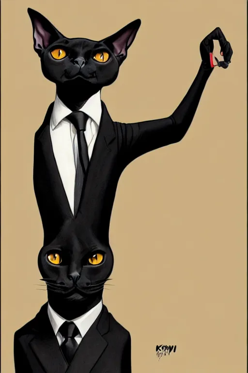 Image similar to a drawing of a black sphynx cat wearing a black suit and tie, smug expression, sideways stance, torso cut off, looking up at focal point, a character portrait by ilya kuvshinov, featured on pixiv, official art, concept art