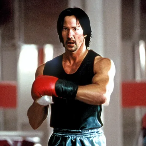 Image similar to a movie still of keanu reeves in rocky 4,