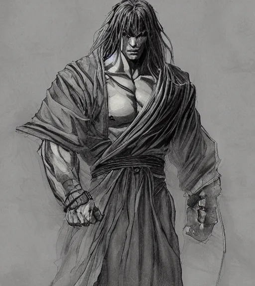 Image similar to portrait of tall muscular anime man with long hair wearing a dark robe, pen and ink, intricate line drawings, by craig mullins, ruan jia, kentaro miura, greg rutkowski, loundraw