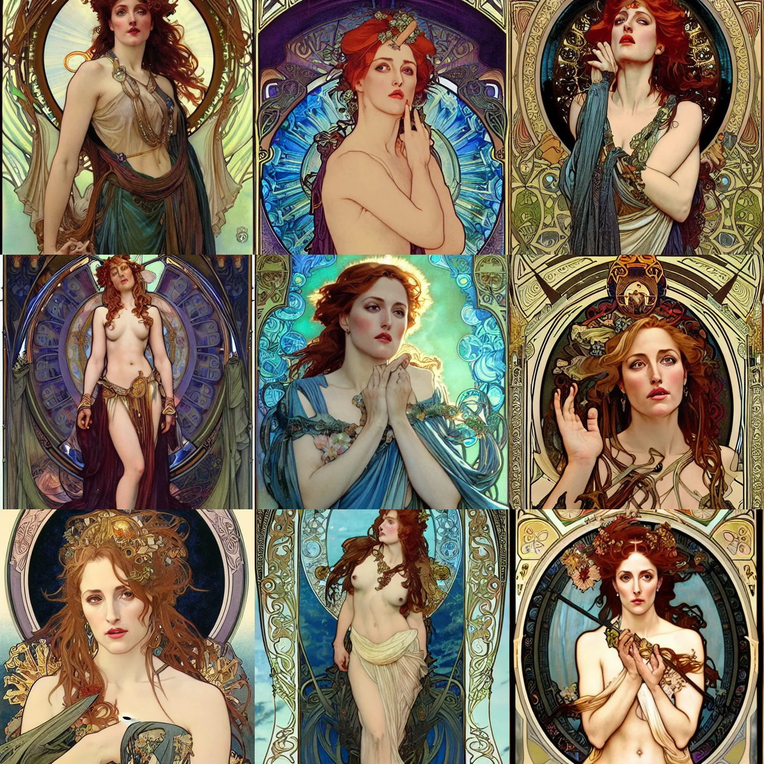 Prompt: realistic detailed of Gillian Anderson as a greek goddess by Alphonse Mucha, Ayami Kojima, Amano, Charlie Bowater, Karol Bak, Greg Hildebrandt, Jean Delville, and Donato Giancola, Art Nouveau, Neo-Gothic, gothic, rich deep colors