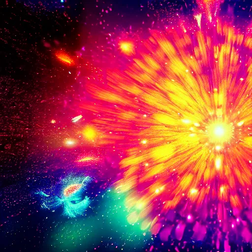 Image similar to colorful fragmented nebula explosion, dust particles, bokeh, iridescent jagged crystal fragmentation, elaborate detail, tilt-shift macro lens, lens flare, rendered in octane, visual effects, x-particles, redshift, cinematic, 8k render