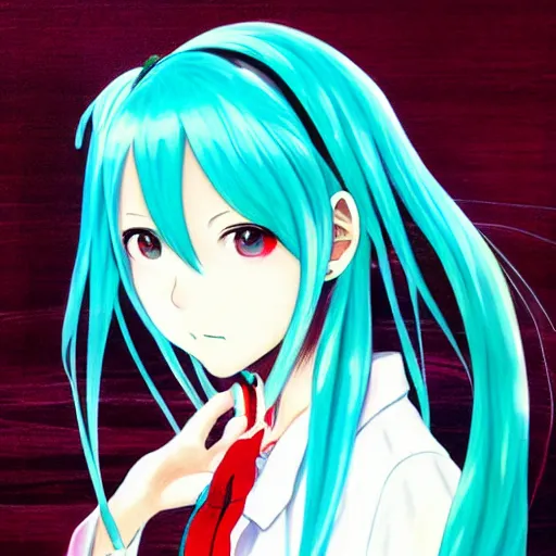 Image similar to beautiful amazing anime portrait painting of hatsune miku. by koyoharu gotouge, kohei horikoshi, tatsuya endo, satoshi kon