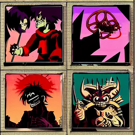 Prompt: Demon Days album art featuring Dark Souls knights, 4x4 grid, portraits, cover art, digital art, Gorillaz, Jamie Hewlett