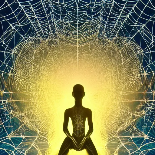 Prompt: An ancient alien meditating and conjuring fractal web circuits. Beautiful lighting, highly detailed visionary art, trending on artstation. Made with photoshop.