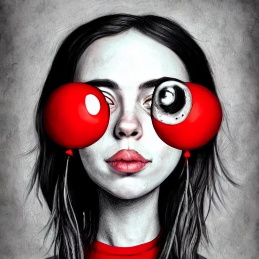 Prompt: surrealism grunge cartoon portrait sketch of billie eilish with a wide smile and a red balloon by - michael karcz, loony toons style, comic book style, horror theme, detailed, elegant, intricate