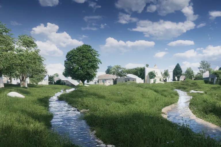 Prompt: A small village with white rectangular architecture in an open field, a winding white stone pathwalk and a small brook running through, clear blue skies in the background, by Sylvain Sarrailh, Richard Sigamani, 8k photorealistic, cinematic lighting, HD, high details, concept art, trending on artstation