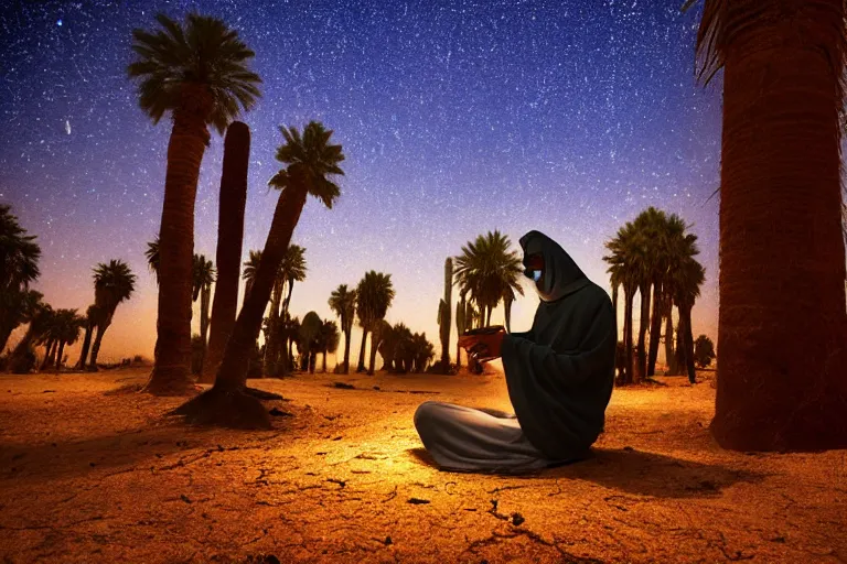 Image similar to a hooded Druid sitting under a tall palm tree in the Egyptian desert reading ancient scrolls in the light from a small fire at night, sitting on the ground, darkness, dim light from fire, desert, starry sky, an ancient city far in the distance, strong dramatic cinematic lighting, lost civilizations, smooth, sharp focus, extremely detailed