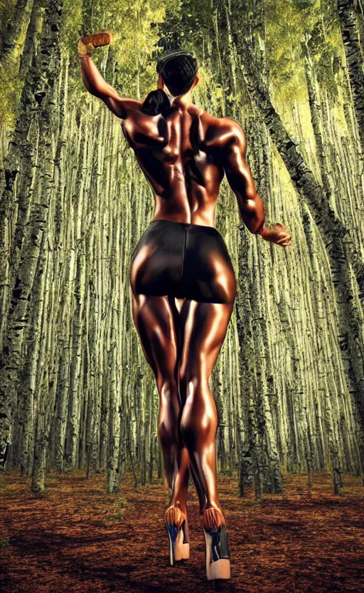 Image similar to photo of superbodybuilder woman posing standing with back in birch forest in jeff koons hip hop bauhaus style, beautiful detailed face, ultra realistic, concept art, intricate details, serious, highly detailed, photorealistic, octane render, 8 k, unreal engine, natural light, art by todd mcfarlane