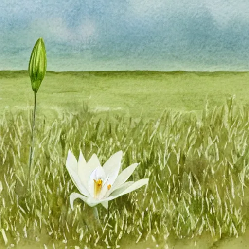 Prompt: a lone lily growing in a field of mud, realistic watercolour