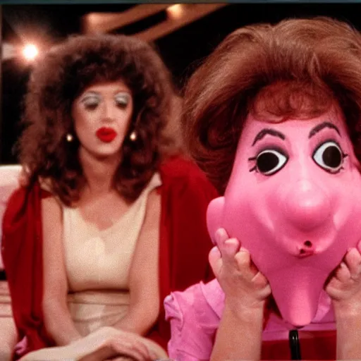 Image similar to 1983 crying woman on a talk show show with a long prosthetic snout nose, big nostrils, wearing a dress, 1983 French film color archival footage color film 16mm Fellini Almodovar John Waters Russ Meyer movie still