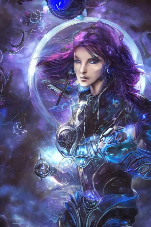 Image similar to Path of Exile, Maven, blue eyes female image with silver purple hair among colourful lights, dark blue spheres fly around, Anachronism, painting, dark fantasy, steampunk, 4k