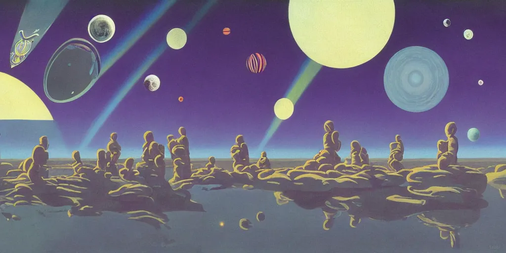 Image similar to surreal painting by chesley bonestell!!, twelve astronauts sitting by the river with a big holiday cake + psychedelic vegetation + purple, pink, blue + planets and stars + mystical fog, vintage sci - fi style of the 5 0 s, rule of the third!!!!, line graphics, 8 k, super detail, high quality