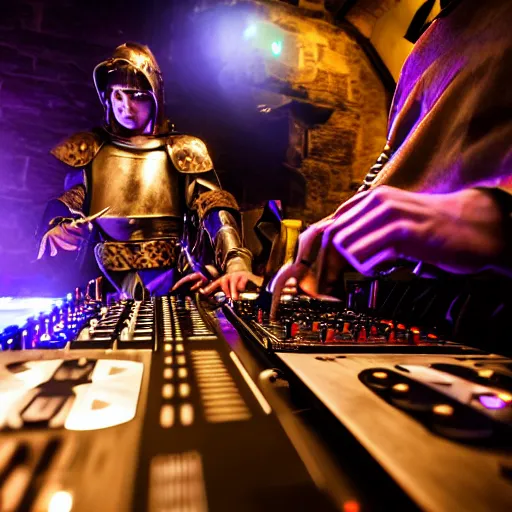 Image similar to photograph of a dubstep dj in holy cross knight armor djing during a medieval party, 8 k resolution, high detail