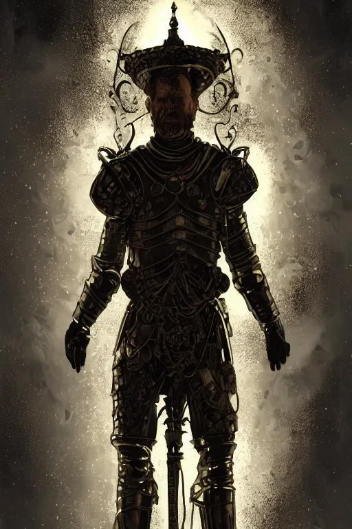 Image similar to Walter white, European beautiful luxury and evil and victorian and gothic medieval white armor knight portrait, front face, ultradetail face, ruined gothic cathedral, dynamic lighting, neon light, art and illustration by tian zi and craig mullins and WLOP and alphonse mucha, ssci-fi, fantasy, intricate complexity, human structure, hypermaximalist, fantasy character concept, dynamic lighting, shafts of golden light, f/1.2, hyperrealism 8k