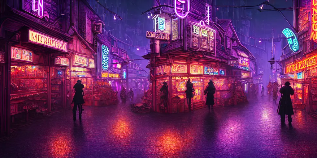 Image similar to fantasy medieval cyberpunk townscape, rain, neon signs, shops, arcade, market, nightclub, weaponsmith, blacksmith, armorer, floating vehicles, people, cinematic establishing shot, purple teal blue white pink orange color scheme, sharp focus, very realistic, photorealistic, intricately detailed, finely textured, cgsociety