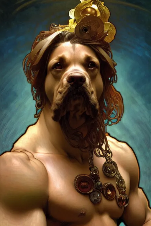 Image similar to portrait of dog as god by greg ruthkowski, alphonse mucha and craig mullins, gorgeous, amazing, flowing hair, muscular, very muscular male body, intricate, highly detailed, 8 k, digital painting