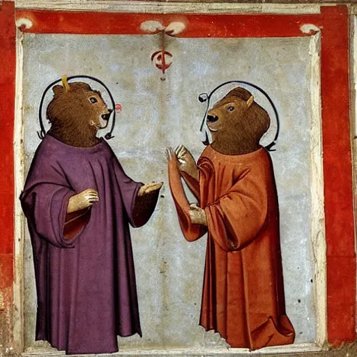 Image similar to Two bears wearing red robes arguing about how to send an email, medieval fresco