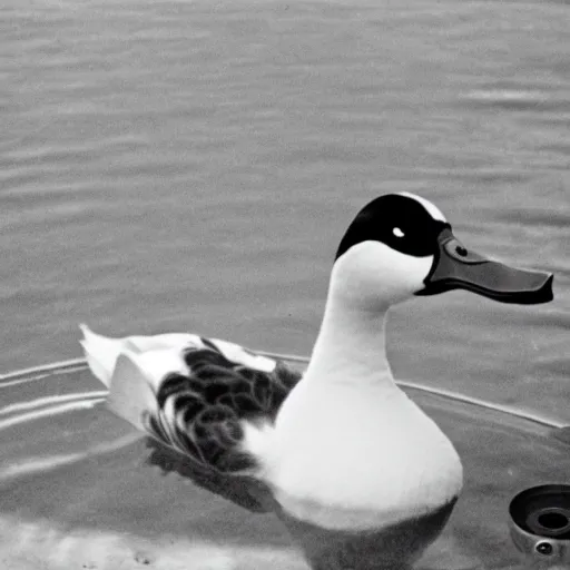 Prompt: a sinister looking duck, glaring at the camera, sitting on a red button, in a nuclear submarine, 3 5 mm grainy film