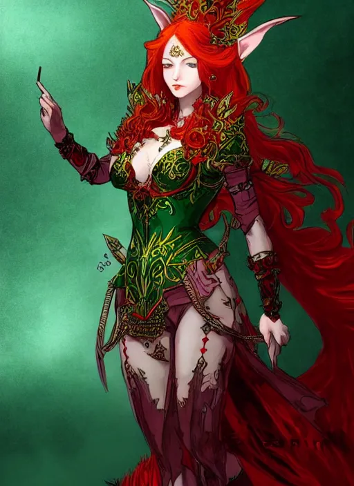 Prompt: Full body portrait of a beautiful red haired elven queen with haughty look, ominous aura wearing, red, green and gold ornate queen dress. In style of Yoji Shinkawa and Hyung-tae Kim, trending on ArtStation, dark fantasy, great composition, concept art, highly detailed.