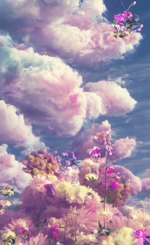 Prompt: flowers as clouds, soft render, volumetric lighting, 3d grainy surreal aesthetic illustration, editorial magazine cover