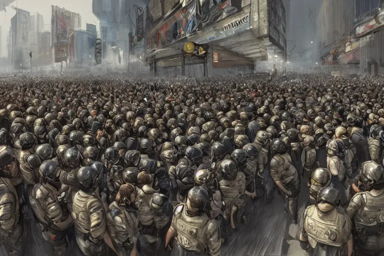 Image similar to police lined up, standing against the crowd of protesters, concept art, intricate details, highly professionally detailed, cgsociety, highly detailed -