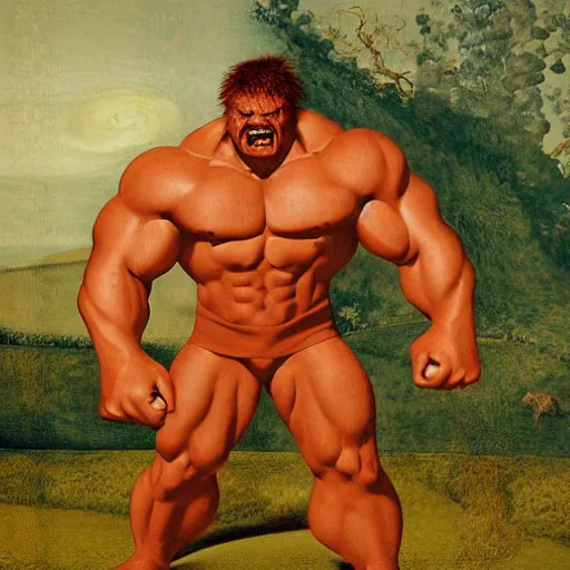 Image similar to hulk, juggernaut from x - men fighting, by richard dadd