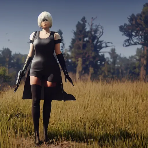 Prompt: Film still of 2B nier automata wearing skintight clothes in a field, from Red Dead Redemption 2 (2018 video game), trending on artstation, artstationHD, artstationHQ