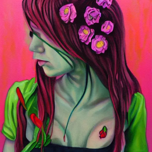 Prompt: Flowerpunk girl, painting by Chiptek