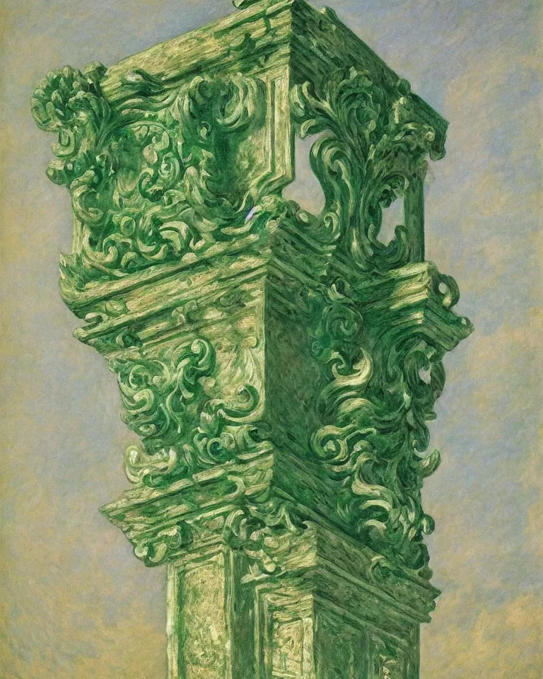 Prompt: achingly beautiful painting of intricate ancient roman corinthian capital on emerald background by rene magritte, monet, and turner. giovanni battista piranesi.