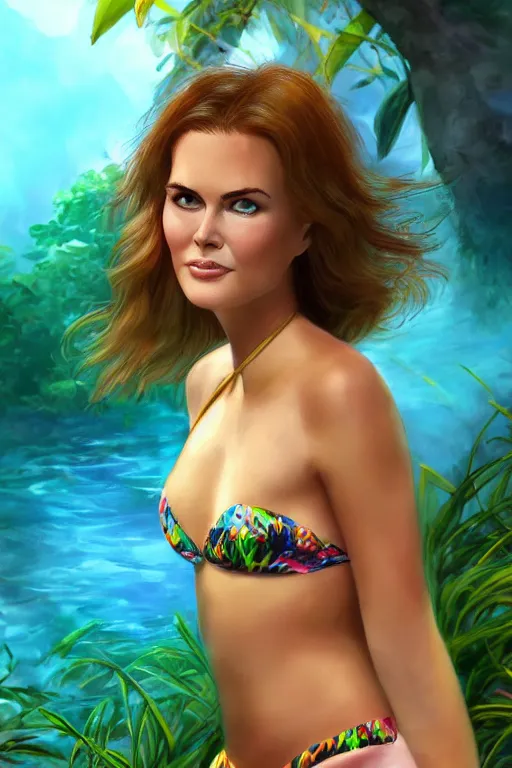 Image similar to mix of beautiful young maria shriver, mariel hemmingway, brooke shields, nicole kidman and elle macpherson as a young jungle girl swimming in a rockpool, thin lips, hair tied up in a pony tail, dark blonde hair, colorful, artstation, cgsociety