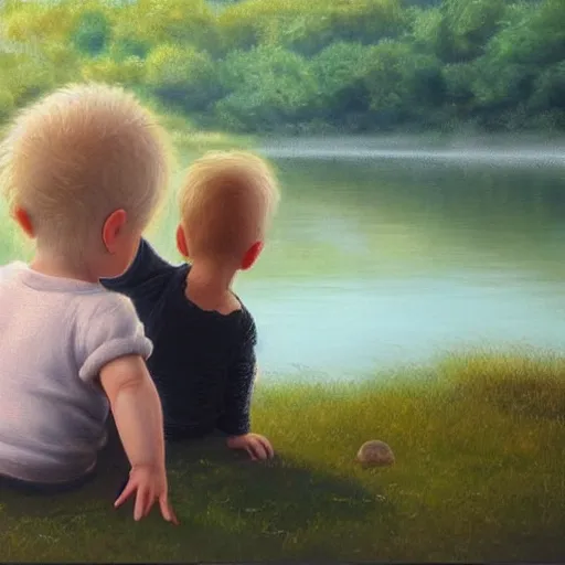 Image similar to a blond white toddler and a black toddler with short curly hair play by a forest and lake, [ oil painting ]!!, trending on cgsociety, 4 k